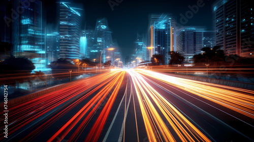 Abstract speeding motion blurred city and light trails, 3D rendering