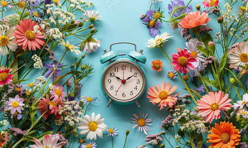 Vintage Alarm Clock Surrounded by Vibrant Spring Flowers on Pastel Background