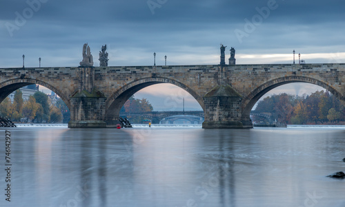 Vltava under the Charles Bridge and other Prague bridges upstream of the river