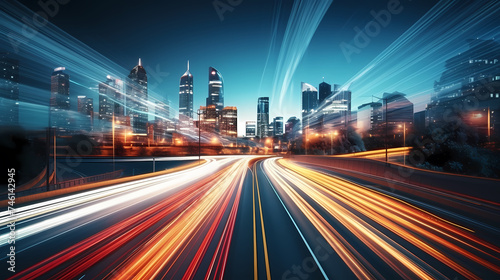 Abstract speeding motion blurred city and light trails, 3D rendering photo