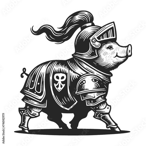 Funny little pig in knights armor sketch engraving generative ai vector illustration. Scratch board imitation. Black and white image.