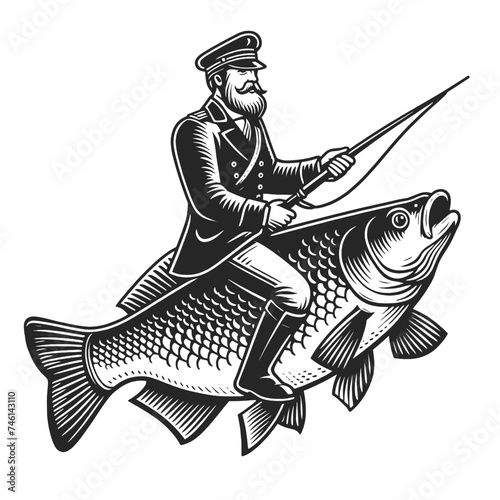 Pirate captain riding fish sketch engraving generative ai fictional character vector illustration. T-shirt apparel print design. Scratch board imitation. Black and white image.