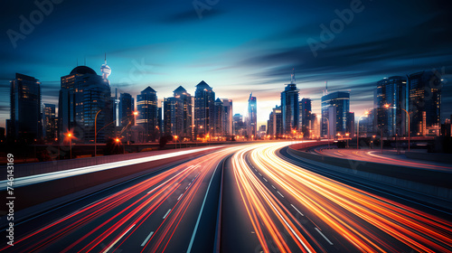 Abstract speeding motion blurred city and light trails, 3D rendering