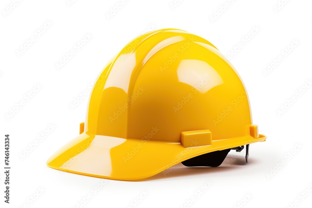 Yellow construction helmet, isolated on a white background, glossy finish, and adjustable chin strap, safety gear, hazardous workplaces Yellow construction helmet, isolated on a white background, glossy finish, and adjustable chin strap, safety gear, hazardous workplaces
