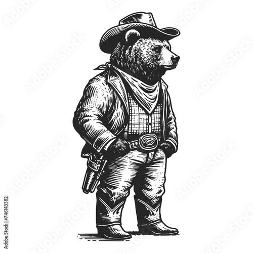 Bear cowboy sketch engraving generative ai vector illustration. Scratch board imitation. Black and white image.