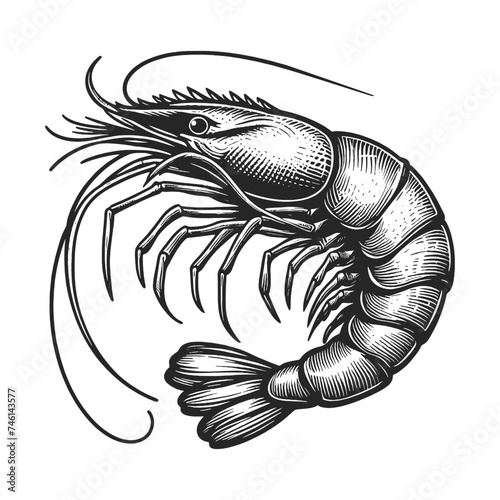 Shrimp sea Caridea animal food sketch engraving generative ai vector illustration. Scratch board imitation. Black and white image.