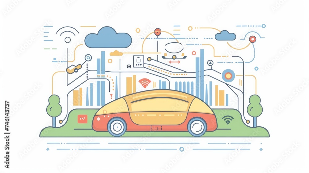 A minimalist vector illustration depicts driverless car technology, autonomous vehicle capabilities, and IoT integration in road transport