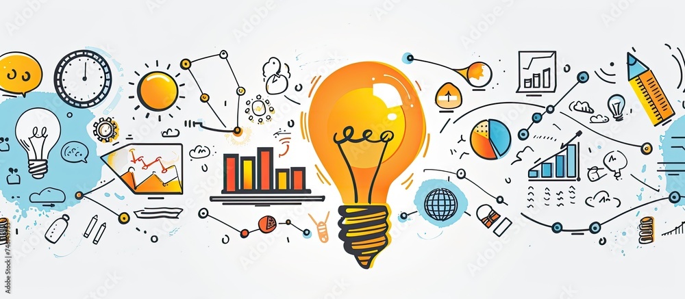 A light bulb stands out in the center, surrounded by a variety of different objects such as books, tools, gears, and plants. Each object represents a different aspect of creativity, innovation, and