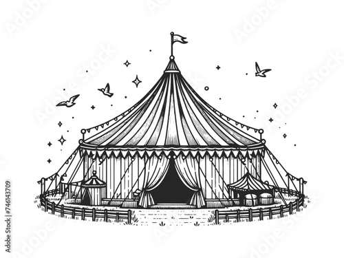 Circus tent sketch line art engraving generative ai vector illustration. Scratch board imitation. Black and white image.