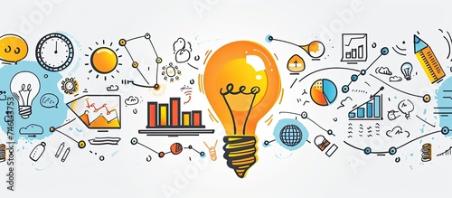A light bulb stands out in the center, surrounded by a variety of different objects such as books, tools, gears, and plants. Each object represents a different aspect of creativity, innovation, and photo