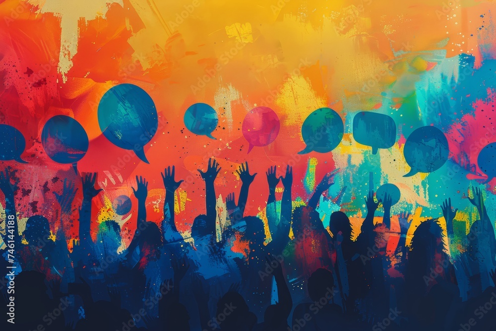 Colorful illustration of young people raising their hands. They are fighting for gender equality, human rights and against climate change.
