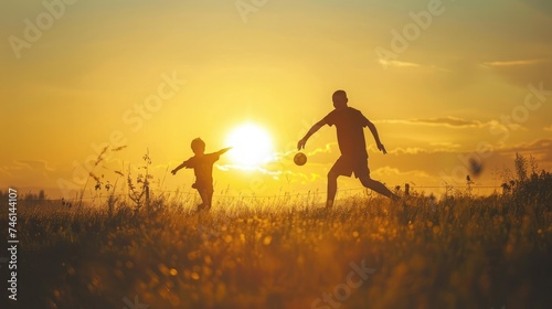 Father and son playing in the park at the sunset time. People having fun on the field. Concept of friendly family and of summer vacation.