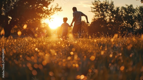 Father and son playing in the park at the sunset time. People having fun on the field. Concept of friendly family and of summer vacation.