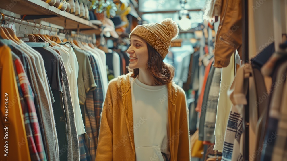 Happy woman stands in a fashion store, carefully choosing clothing items to buy. She browses through racks of stylish clothes, examining each one closely before making a decision.