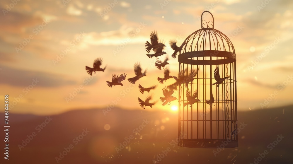 little birds escape out of birdcage, freedom concept