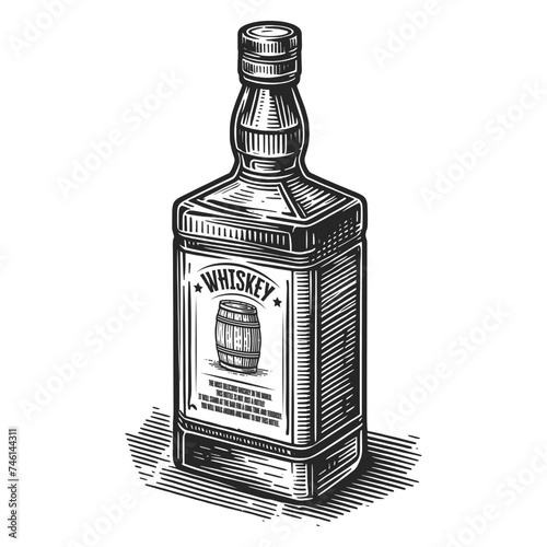 Whiskey bottle sketch engraving generative ai vector illustration. Scratch board imitation. Black and white image.