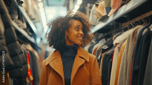 Happy woman stands in a fashion store, carefully choosing clothing items to buy. She browses through racks of stylish clothes, examining each one closely before making a decision.