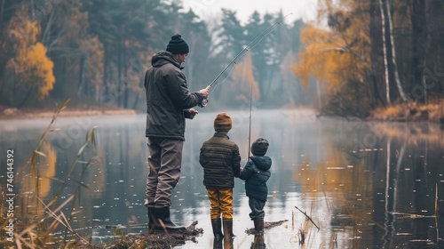 Man and boy fishing on the lake