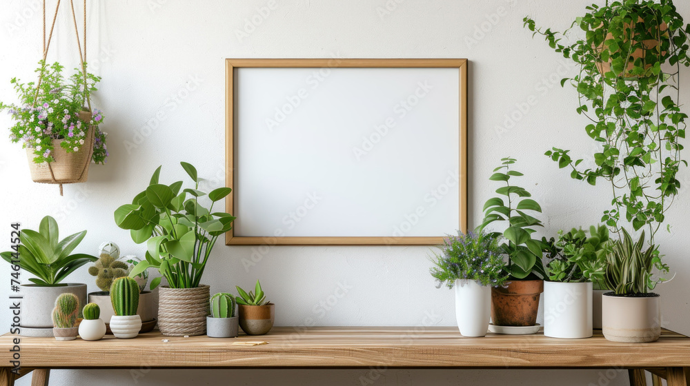 A beautifully curated Scandinavian-style shelf displaying a variety of indoor plants in stylish pots, alongside a blank framed canvas.