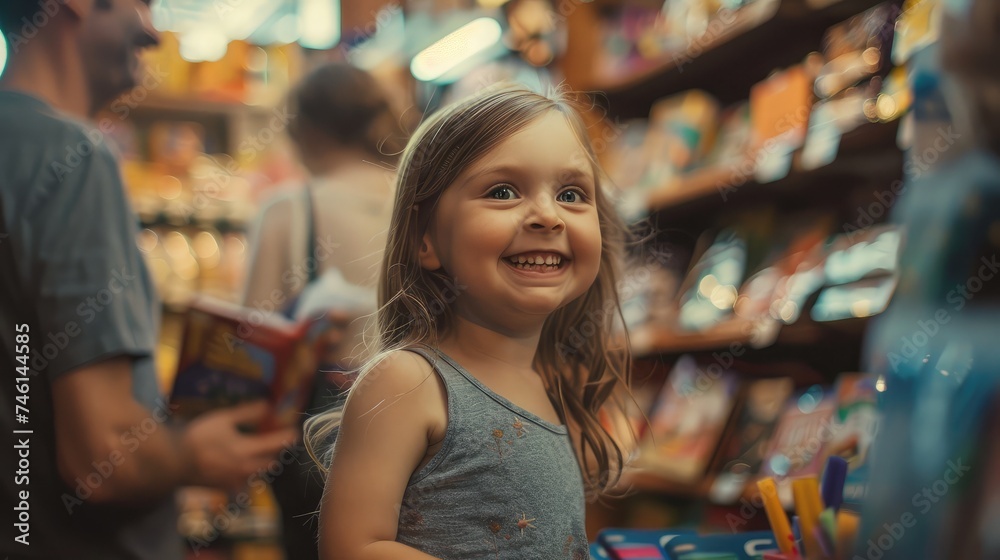 Smiling little girl buying school supplies while being with her parents in a bookstore.