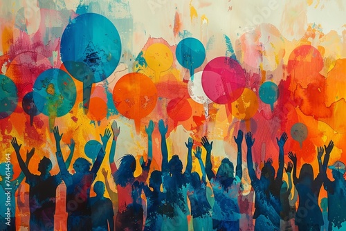 Colorful illustration of young people raising their hands. They are fighting for gender equality, human rights and against climate change. photo
