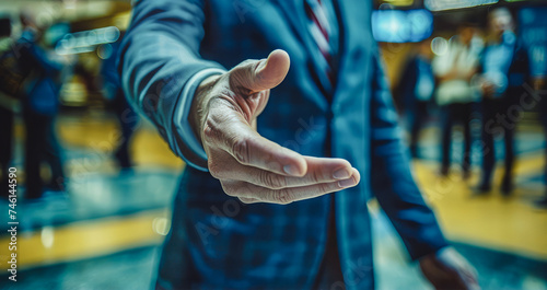 A businessman extends his hand to a partner in a gesture of greeting, business, merger, and acquisition. Concept of business collaboration.