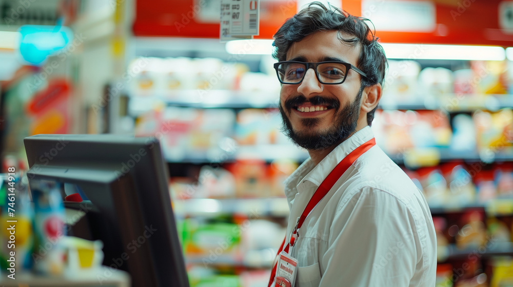 Smiling man as a cashier sits at the cash register in the supermarket Smiling man as a cashier sits at the cash register in the supermarket