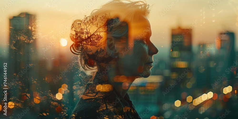 double exposure image depicts a senior Caucasian woman amidst a group of business professionals in a conference meeting, with a city office building in the backdrop