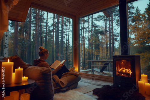 Woman reading a book in her cozy cabin next to the fireplace
