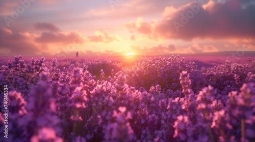 Person Walking in Lavender Field at Mountain Sunset