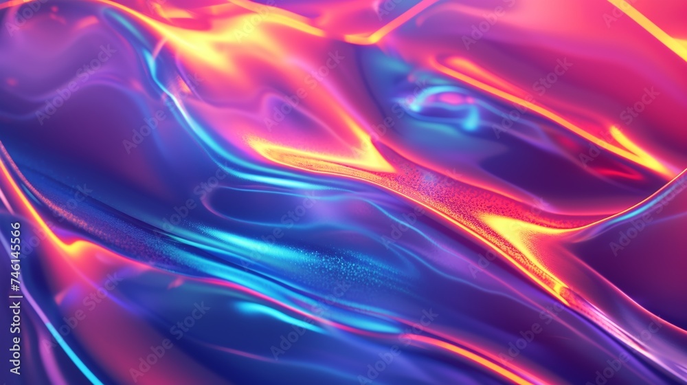 Vibrant neon 3D-shaped fluid waves on a gradient background. Futuristic holographic abstract concept with radiant fluid liquid glass for desktop wallpaper. Glowing lively dynamic background.