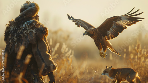 A Kazakh eagle hunter hunting with his eagle. The hunter wearing traditional Kazakh clothing. The eagle a golden eagle. photo