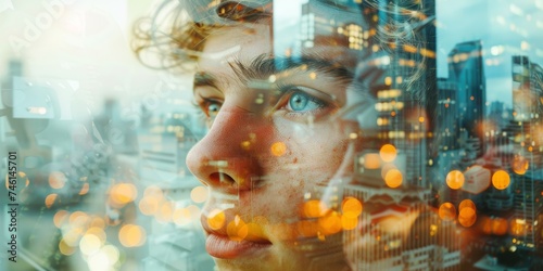 double exposure image features a young Caucasian man among a group of business professionals in a conference meeting, with a city office building towering in the background.