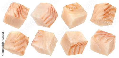 Photography Cod fish fillet cubes isolated on white background
