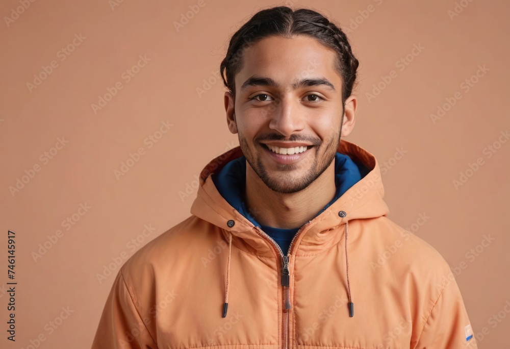 Young adult man in a casual orange jacket, smiling broadly. The studio backdrop is simple and peach-colored. Young adult man in a casual orange jacket, smiling broadly. The studio backdrop is simple and peach-colored.