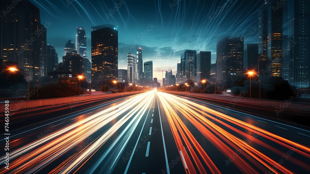 Fototapeta premium Abstract speeding motion blurred city and light trails, 3D rendering