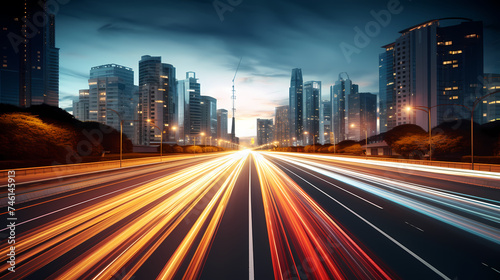 Abstract speeding motion blurred city and light trails  3D rendering