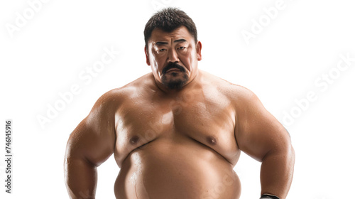 Portrait of an overweight muscular man, wrestling athlete, isolated on transparent background
