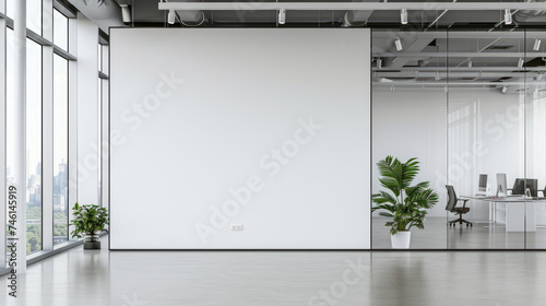 An elegant modern office corridor featuring sleek glass partitions, reflecting a clean and minimalistic corporate design aesthetic.