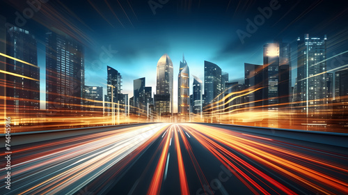 Abstract speeding motion blurred city and light trails, 3D rendering © ma