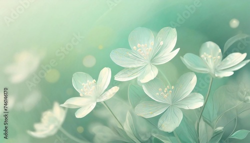 Etheric Bloom: White Florals on a Mint Green Canvas © Kubra