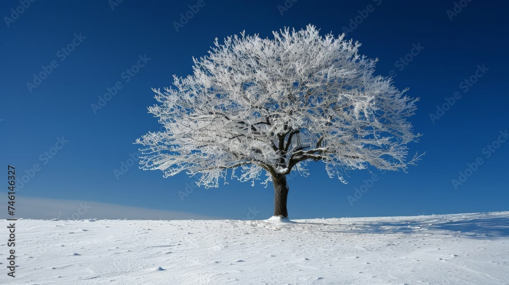 Alone frozen tree in snowy field and dark blue sky