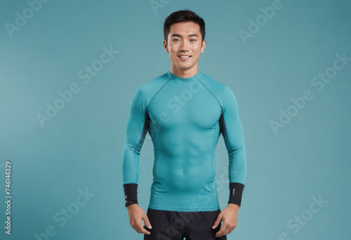 A fit athlete in an aqua-colored fitness shirt, exuding strength and readiness.