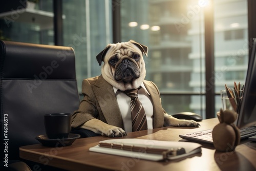Authoritative Pug boss. Busy office suit. Generate Ai