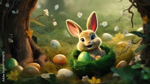 Happy Easter. hare and Easter painted colorful eggs. tradition of looking for green eggs in the grass. © Svetlana