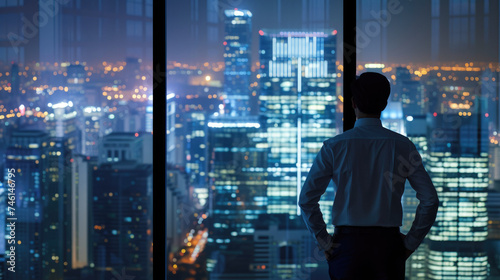 Back view of a business executive in a suit standing by a large window with a panoramic view of the urban city skyline.