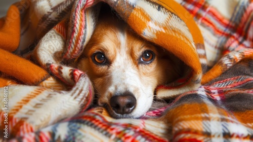 Dog under a plaid. Pet warms under a blanket in cold autumn weather © chanidapa