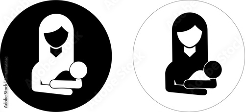 Black and white Mother's Day icons. Pregnancy and childbirth icon. Mom holds the baby in her arms. photo
