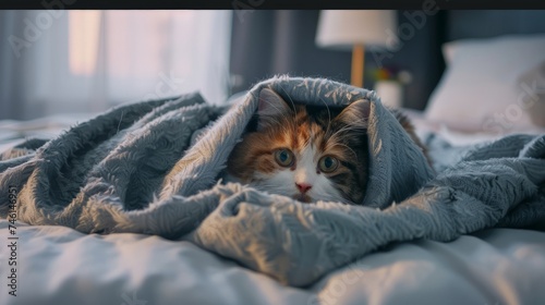 Funny tricolor cat under a gray blanket in a modern bedroom. In cold weather  the pet warms up under a blanket. Pet friendly and grooming concept.