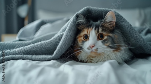 Funny tricolor cat under a gray blanket in a modern bedroom. In cold weather, the pet warms up under a blanket. Pet friendly and grooming concept. photo